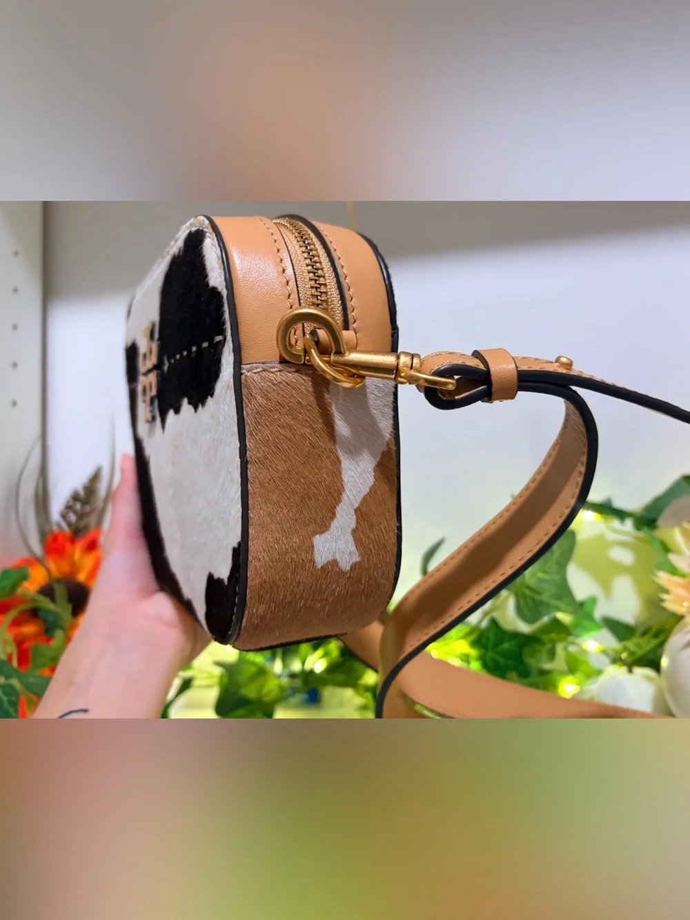 Tory Burch Black, White, & Brown Cowhide Camera Crossbody with Tan Trim